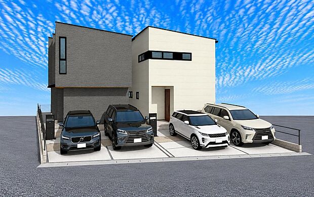 【外観パース図】外観パース(右:A号棟、左:B号棟)並列2台駐車可!平日・土日問わずお気軽にお問合せください。