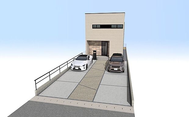 【外観パース図】外観パース　4台駐車可！■未完成物件の為、モデルハウスへのご案内も致します。お気軽に「0120-928-571」までお問合せ下さい！