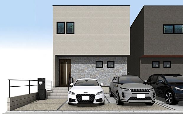 【外観パース図】外観パース B号棟 注文住宅から生まれたこだわりの住まい。アクセントのある外観、洗練されたデザイン。構造計算による耐震等級3という、最高レベルで大切な家族を守る家です。
