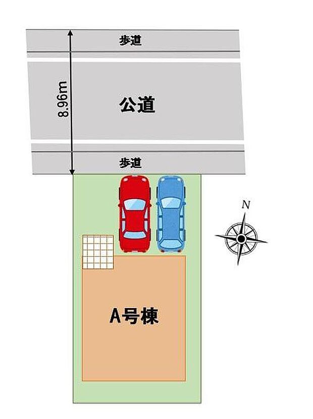 カースペース2台♪前面道路は広々約9mありますので、陽当たり良好!お車の駐車も楽々ですね♪
