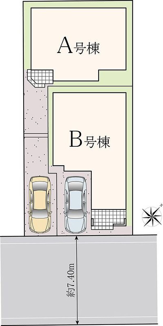 ≪全体区画図≫7.4m南道路接道で日当たり良好◎全邸カースペース完備！（※車種による）