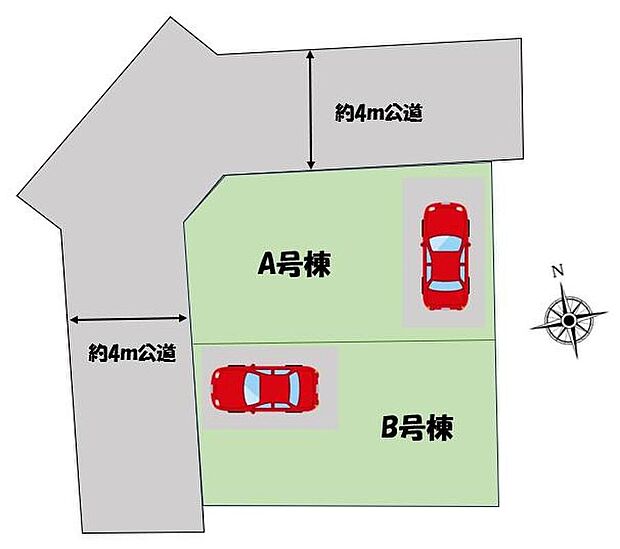 ≪全体区画図≫
カースペース1台♪角地の物件なので、陽当たり良好！風通しも抜群です♪お車の駐車も楽々ですね♪