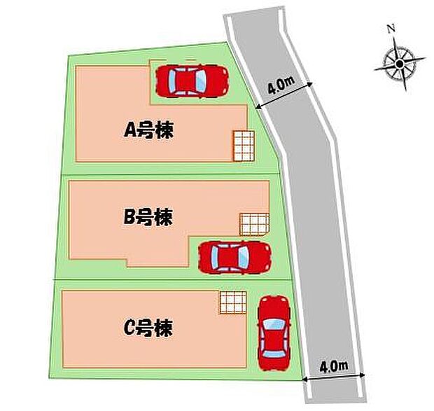 ≪全体区画図≫
採光、生活動線、収納力を考慮した個性豊かな魅力溢れるプランの全3棟！
前面道路は住人以外の車の進入も少なく、小さなお子様を持つご家庭にも安心です♪