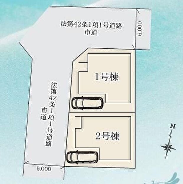 ≪全体区画図≫陽当たり・風通し共に良好な角地の物件♪カースペース1台確保♪全園道路は6mありますので、お車の駐車も楽々ですね♪
