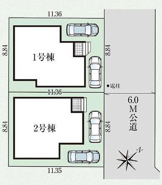 ≪全体区画図≫
カースペース2台♪前面道路は6mありますので、陽当たり・風通し共に良好です!お車の駐車も安心ですね♪