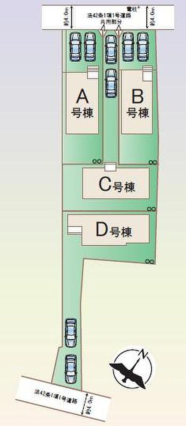 ≪全体区画図≫
嬉しいカースペース2台♪
前面道路は車通りが多くないので、お車の出し入れもラクラクです♪
