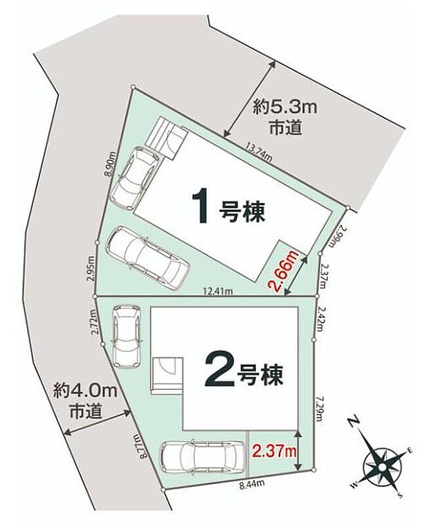 ≪全体区画図≫1号棟は角地で日当たり良好◎全邸カースペース2台分完備!(※車種制限がある場合がございます。)