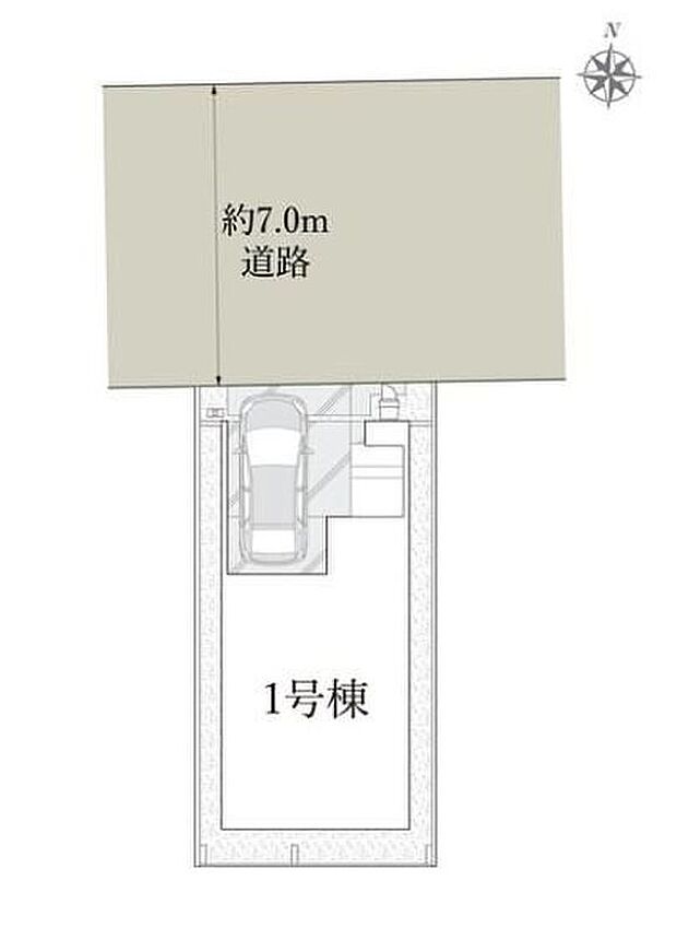 ≪全体区画図≫前道路7m接道で駐車楽々♪大切なお車を雨風から守るビルトインガレージ付き！（※車種制限がある場合がございます。）