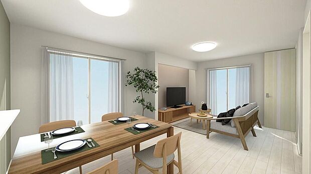 ≪Living room≫ご家族との自然なコミュニケーションが生まれるリビングイン階段を採用!※CGによるイメージす。家具付き販売ではありません。