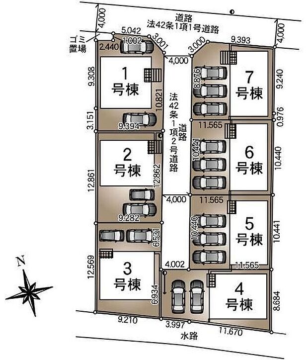 ≪全体区画図≫全邸、車高を気にせず駐車できカースペース2~3台分完備!(※車種による)