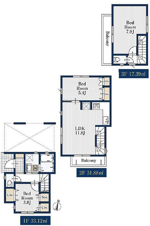 (1号棟)、3LDK、土地面積53.67m2、建物面積82.39m2