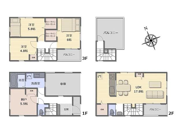 (1号棟)、3LDK+S、土地面積68.86m2、建物面積119.26m2