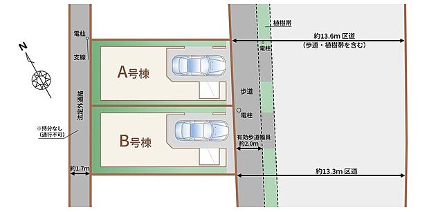 ≪全体区画図≫
カースペース1台♪
陽当りの良い道路に面したお住まい。道路幅も広めで、開放感たっぷり♪
お車の出し入れも楽々ですね♪