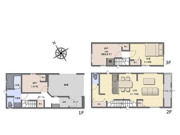 (A号棟)、1LDK+2S、土地面積56.77m2、建物面積99.36m2