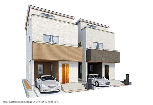 【【完成予想図(外観)】】1棟1棟違った表情を持つ、豊かなデザイン。閑静な住宅街の2棟現場！前面に建物がないため、陽当りも良好です♪※イメージ画像は実際とは異なる場合があります。