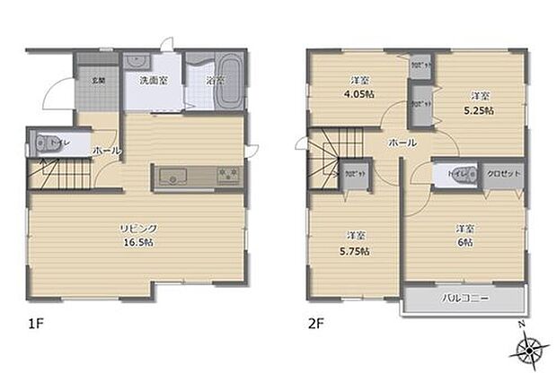 【4LDK】◇2階建てプラン◇キッチン・洗面所・浴室の水回りがまとまった機能的なレイアウト。調理しながら洗濯機を回したり、お風呂掃除をしたりの「ながら家事」で、家事の時短を実現できそうです♪
