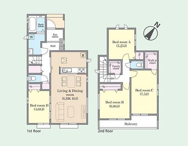 【4LDK】ウォークインクローゼットやファミリークローク完備の収納豊富な4LDKプランです♪対面キッチンからはリビング全体を見渡せます。リビング横の洋室はお子様のプレイスペースにもオススメです！