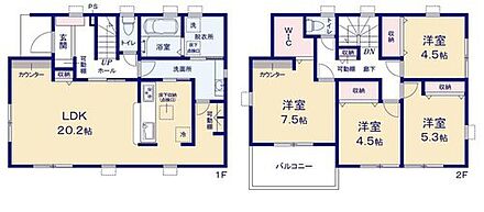 広々20.2帖のLDK！対面キッチンからはLDK全体を見渡せます♪キッチン側からも廊下からも行き来ができる洗面所！忙しい朝もみんながスムーズ！全居室に収納を完備しておりますので、居室の全空間を有効活用出来ます。 