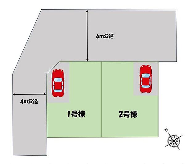 【全体区画図】角地なので陽当たり良好です!前面道路が広々6mありますので、駐車も楽々ですね♪