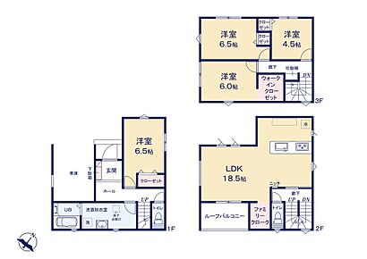 広々18.5帖のLDK！対面キッチンからはLDK全体を見渡せます♪各居室やリビングの大容量ファミリークロークなど、室内各所に収納スペースが充実した住まい！お部屋をスッキリとご使用いただけます♪ 