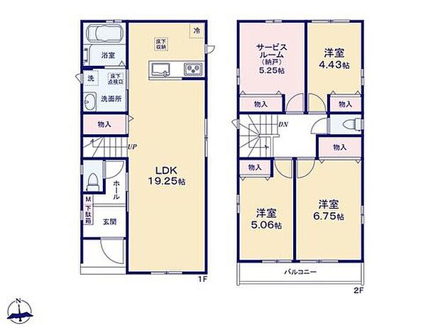 【3LDK+S】対面キッチン&リビング収納♪広々約19帖のLDK☆
リビング階段を採用し、ご家族の会話が自然に生まれる設計です♪
収納にも居室にも自由に使用できる約5.25帖の納戸付!