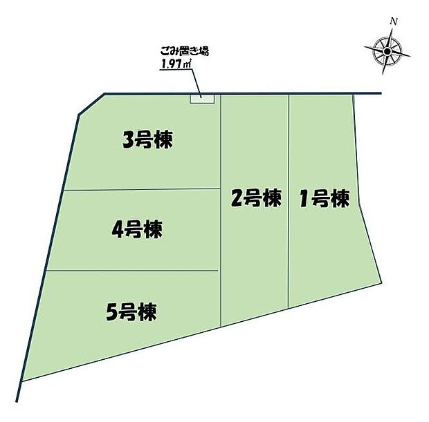 【全体区画図】全5邸の分譲地♪全邸がゆったり間口で接道しています☆3号棟は角地◎