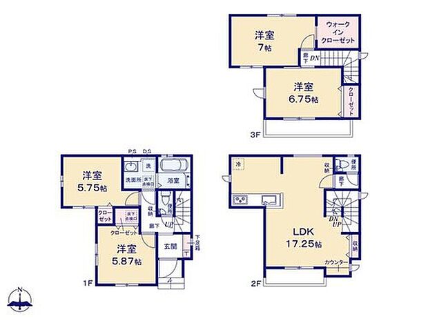 【4LDK】全居室に収納完備☆リビングにはスタディスペースとしても使えるカウンターが設けられています♪主寝室には大容量ウォークインクローゼット完備!