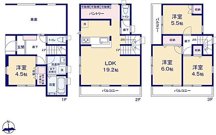 広々19.2帖のLDK！2階リビングにすることで、陽当たりを良くし、人目も気にならずプライバシーを確保することが出来ます♪家事を手助けする食洗機付き♪広々したパントリーがあるので買いだめも可能です♪ 