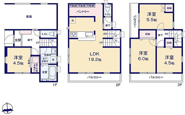 【4LDK】広々19.2帖のLDK！2階リビングにすることで、陽当たりを良くし、人目も気にならずプライバシーを確保することが出来ます♪家事を手助けする食洗機付き♪広々したパントリーがあるので買いだめも可能です♪