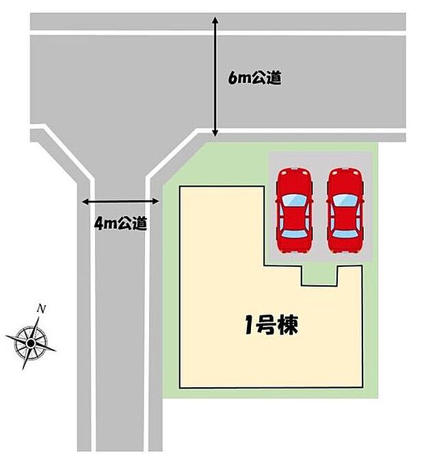 【全体区画図】日当たり良好な角地☆車高を気にせず駐車できるカースペース2台分あり!(※車種による)