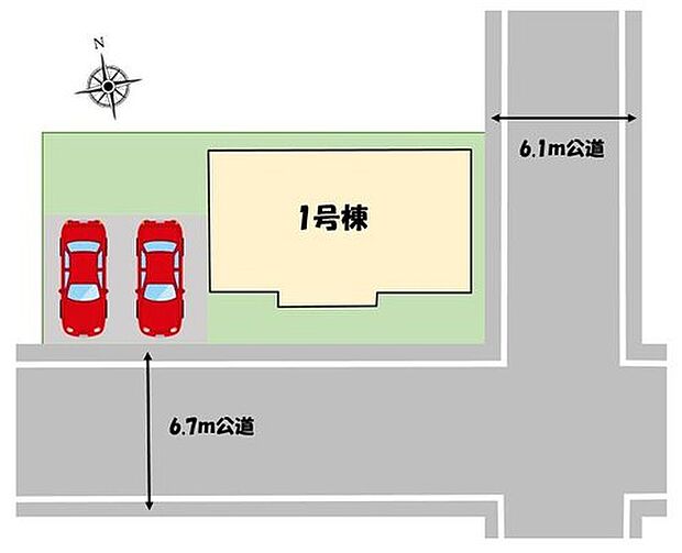 【全体区画図】南側&東側道路接道の角地で日当たり良好!カースペース2台分完備☆(※車種による)
