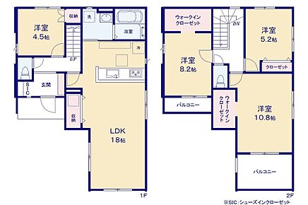 1階に水回り、LDK、洋室を集約させることで「ワンフロア完結」が叶います☆2階には衣類だけではなく季節ものの収納にも便利な広々ウォークインクローゼット2か所完備！ 