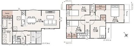広々18.625帖のLDK！対面キッチンからはLDK全体を見渡せます♪キッチンパントリー付プラン！買いだめもできますね♪雨の日の洗濯物も楽々のランドリールーム付き♪全居室に収納を完備！お部屋もスッキリ♪ 