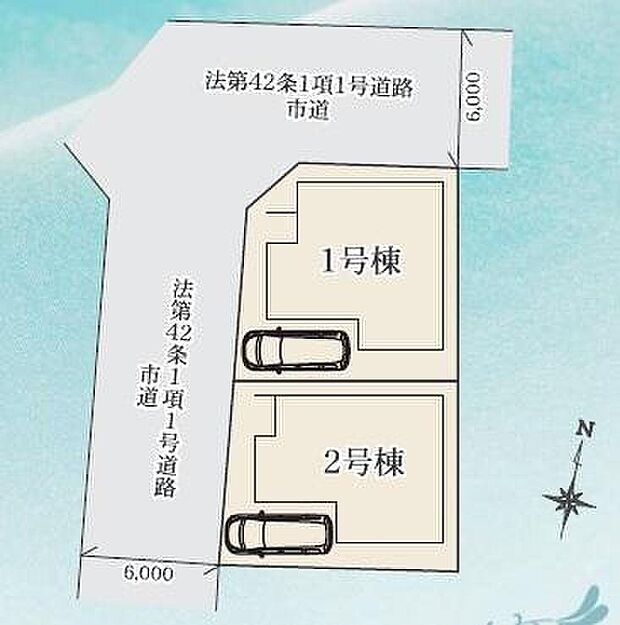 【全体区画図】陽当たり・風通し共に良好な角地の物件♪カースペース1台確保♪全園道路は6mありますので、お車の駐車も楽々ですね♪