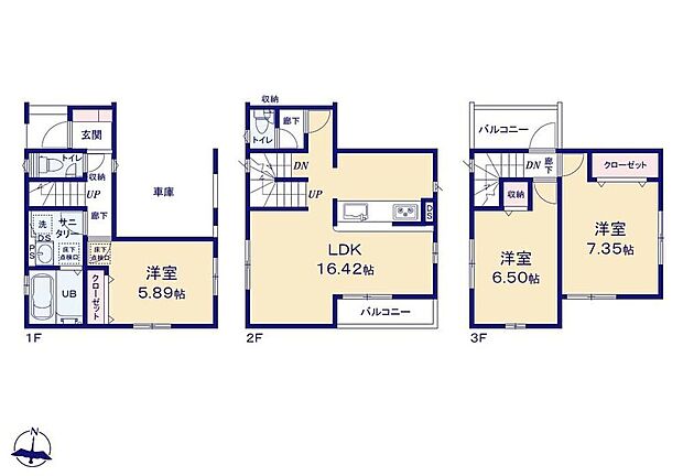 【3LDK】道路からのプライバシーを確保しやすい「2階リビング」を採用♪広々16.42帖のLDK!対面キッチンからはLDK全体を見渡せます♪バルコニーが2面あるので大量の洗濯物も楽々です♪
