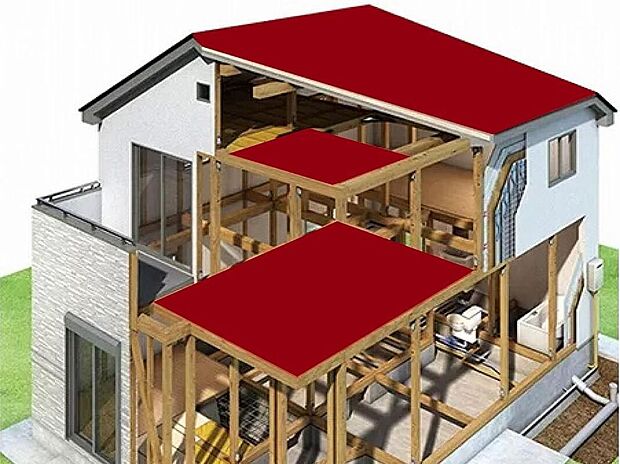 【横の力を面に伝える「水平構面」】天井裏は人が乗らない部分であるため、通常の床板を使用するのではなく、火打金物で強度を保つ。野地板は、屋根材の下地として構造用合板等の面材と垂木とで構成され、所定の条件を満たすことで水平構面の働きをします。