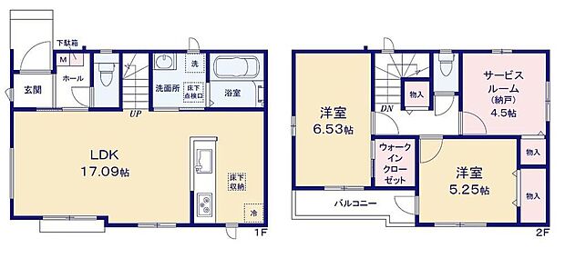 【2LDK+S】広々17.09帖のLDK!対面キッチンからはLDK全体を見渡せます♪家族の会話が深まるリビングイン階段♪WICやホール収納など充実の収納設計!お部屋をスッキリとご使用頂けます♪