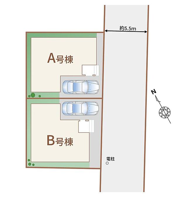 【全体区画図】カースペース1台♪
前道が5.5mあるので、車庫入れが苦手な方でも安心して入れられます♪