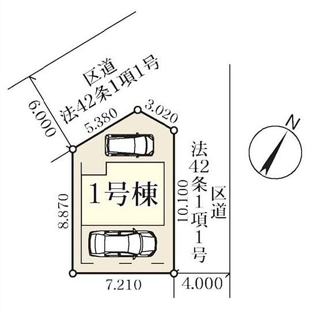 【全体区画図】敷地内駐車場とビルトインガレージで、カースペース計2台分完備！（※車種による）