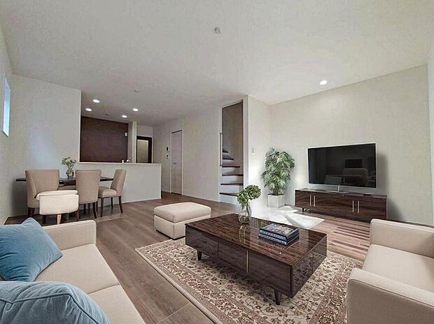 １号棟
明るい雰囲気が心地いい１７．５帖の明るいリビング♪
対面式キッチンは、家事をしながら家族の様子が一目でわかる安心＆便利設備♪
※家具をCGで加工しています。家具付き販売ではございません。