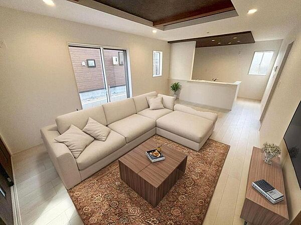 ３号棟
約１７帖の広々明るいリビング♪
上部吹抜仕様です！
対面式キッチンは、家事をしながら家族の様子が一目でわかる安心＆便利設備♪
※家具をCGで加工しています。家具付き販売ではございません。