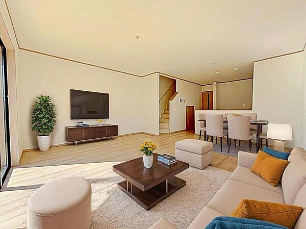 C号棟
明るい雰囲気が心地いい約１８．１２帖のリビング♪　
採光良好です！　
家族団らんの時間も増えそうなくつろぎの場所になりそう♪
※家具をCGで加工しています。家具付き販売ではございません。