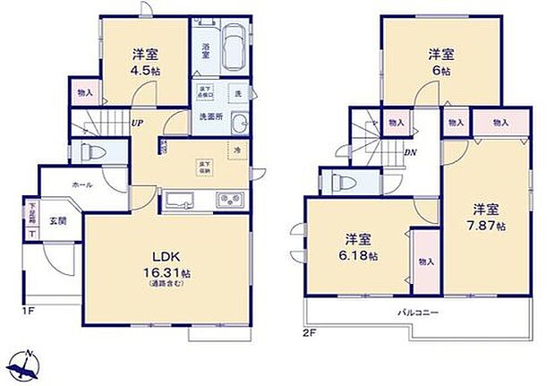 【4LDK】対面式キッチン仕様の約16.31帖の明るいリビング♪
4部屋あり、お子様一人一人にお部屋を与えられます♪
各居室に収納完備でお部屋が片付けやすい♪
2部屋からアクセスできる南向きのワイドバルコニー♪