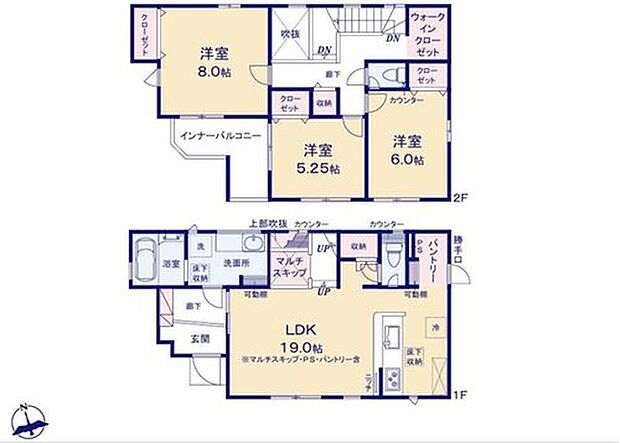 【3LDK】折上天井仕様の広々19帖の明るいリビング♪
パントリー・ウォークインクローゼット付きで収納豊富♪
上部吹抜仕様の開放的な1.5帖のマルチスキップ☆
日当たり良好なL字型の2Wayバルコニー♪