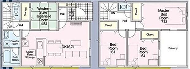 【4LDK】対面式キッチン仕様の約16.7帖のリビング♪
リビングに隣接したホッと落ち着く約4.5帖の洋風和室♪
全居室収納付き♪
2部屋から出入りできて便利なバルコニー♪