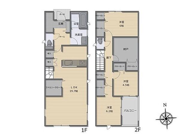 【3LDK+S】対面式キッチン仕様の大空間１９．７帖のリビング♪
リビングがスッキリ片付く２帖のファミリークローク付き♪
便利な４．５帖の広々納戸付き♪
２部屋から出入りできて便利なルーフバルコニー♪