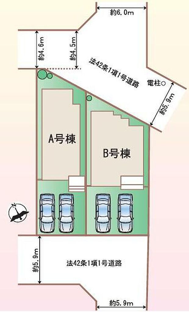 【全体区画図】小牧市安田町 全2棟
各棟並列2台駐車可能♪
A号棟 2,990万円
B号棟 3,090万円