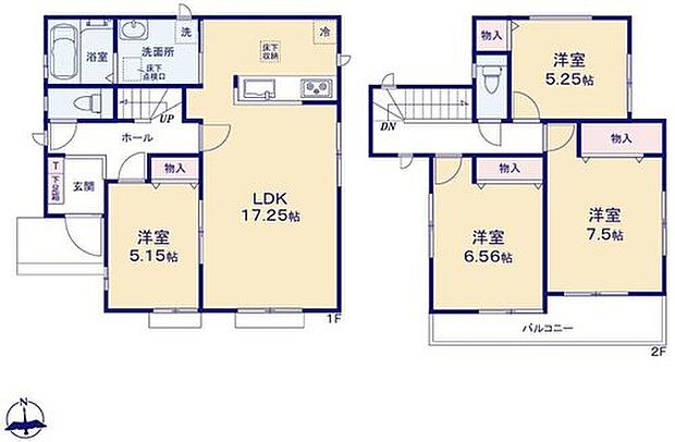 【4LDK】対面式キッチン仕様の広々約１７．２５帖の明るいリビング♪
４部屋あり、お子様一人一人にお部屋を与えられます☆
各居室に収納スペースが充実♪
２部屋からアクセス可能な南向きのワイドバルコニー♪