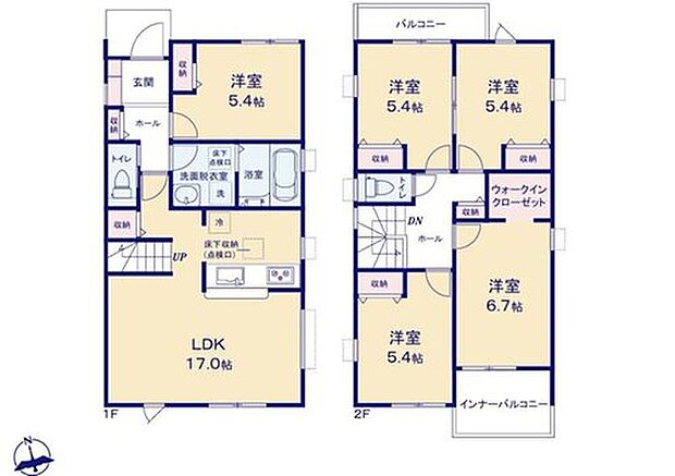 【5LDK】対面式キッチン仕様の広々１７帖の明るいリビング♪
大きな荷物も収納可能なウォークインクローゼット付き♪
廊下や各居室に収納スペースが充実♪
日当たり良好な両面バルコニー♪