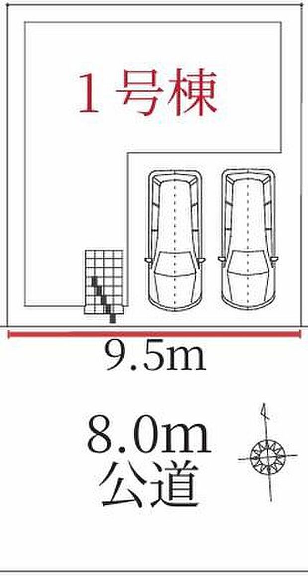 【全体区画図】春日井市下条町１期　限定１棟
並列２台駐車可能、南側道路に面しており日当たり良好♪
１号棟　３，６９９万円※５/２値下げ